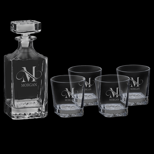 [01-EtchedSqDecanterSet-750] Etched 750 ml Clear Glass Square Decanter  w/ Glasses Set