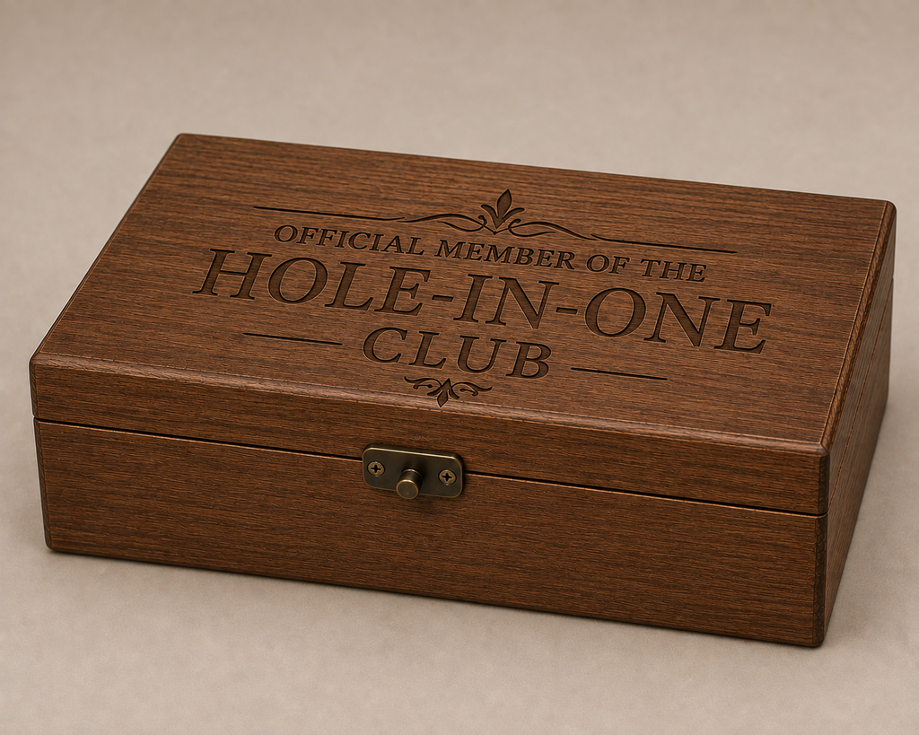 Etched set of golf ball whiskey glasses in brown wood box
