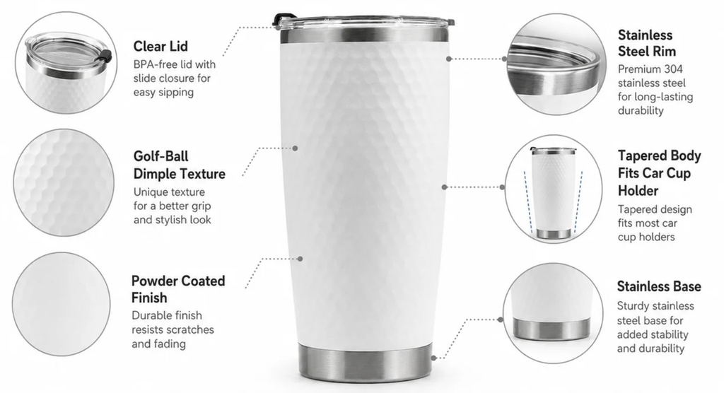 Golf Ball Dimple Tumbler with lid - laser etched- 20 ounces 