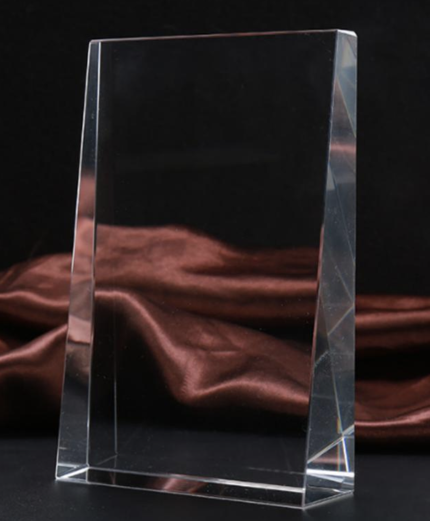 Etched Crystal Trophy- modern wedge (6x8")