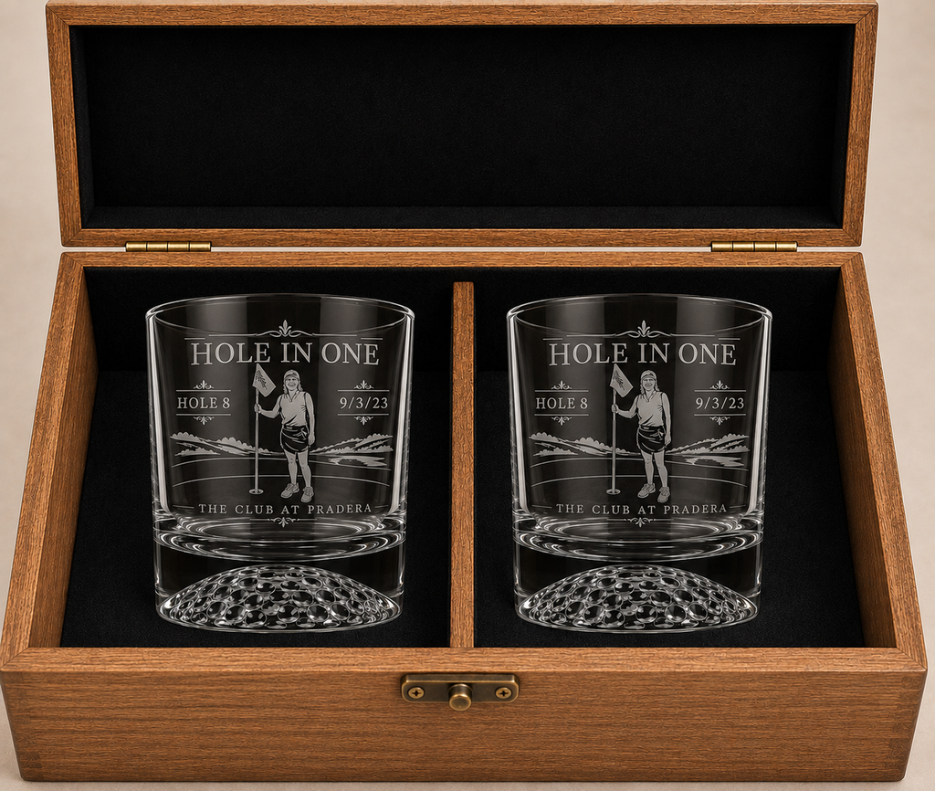 Etched set of golf ball whiskey glasses in brown wood box